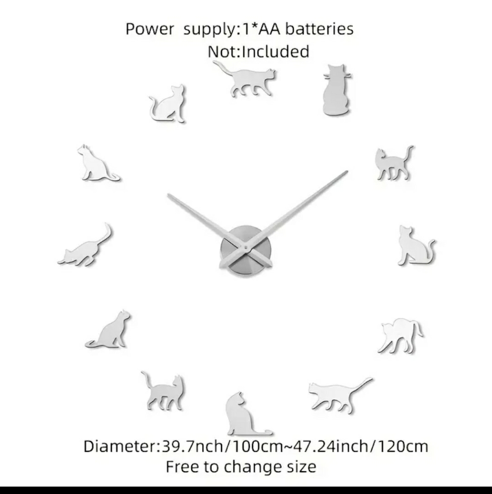 DIY Kitty cat silhouette image mirror wall clock acrylic mirrored decoration wil